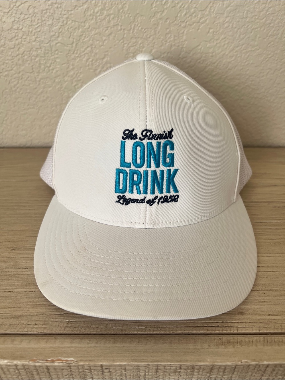 Long Drink Embroidered Trucker Hat - White & Blue